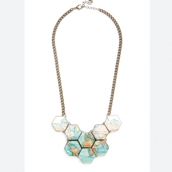 Modcloth "No Place Like Roam" Hexagon World Map Statement Necklace - Picture 2 of 2